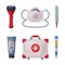 Medical Care and Treatment with Mask, Thermometer, First Aid Kit Box, Salve Tube and Flashlight Vector Set