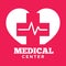 Medical center red and white graphic logo with heart rate icon