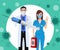 Medical character vector concept design. Doctor and nurse hospital staff characters holding syringe cure