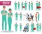 Medical characters vector set. Male and female doctor, nurse and hospital staff holding medical kit