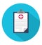 Medical clipboard icon in circle.