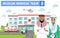 Medical concept. Detailed illustration of muslim arabian doctor, nurses, helicopter, ambulance car and hospital building