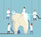 Medical concept. Group of small dentists are caring for a large tooth. Modern digital illustration with smooth shapes