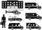 Medical concept. Set of different silhouettes muslim arabian ambulance cars, hospital, emergency doctor man and