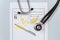 Medical concept. Yellow pills with stethoscope  pills  notepad  medical prescription  pen on the doctor\\\'s desktop