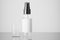 Medical or cosmetic spray mockup. Empty spray bottle mockup. Black spray lid. Transparent spray bottle with label. 3d render