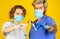 Medical couple. virus remedy injection. doctors wear respirator mask. infection vaccine and blood test. Medical