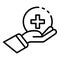 Medical cross on the palm icon, outline style