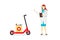 Medical delivery pharmacy. White woman doctor in uniform gown with stethoscope stand beside red electric scooter with