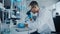 Medical Development Laboratory: Caucasian Male Scientist Looking Under Microscope, Analyzing Petri
