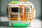 a medical device with multiple monitors and wires on it\\\'s side and a green handle on the side of the device and a white