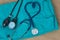 Medical devices stethoscope, tonometer on medical uniform