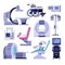 Medical diagnostic examination equipment. Vector illustration of MRI, gynecology and dentist chair, ultrasound machine.