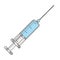 Medical disposable syringe with needle. Syringe with blue liquid isolated on white background.