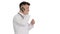 Medical doctor calling by phone walking on white background.