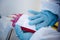 Medical doctor holding a blood bag