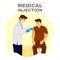 Medical doctor injecting medicine on patient arm, medical treatment on hospital illustration.