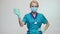 Medical doctor nurse woman with stethoscope and protective mask - waving at camera gesture
