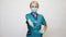 Medical doctor nurse woman wearing protective mask and latex gloves - ready for handshake gesture