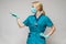 Medical doctor nurse woman wearing protective mask and latex gloves - showing at virtual list