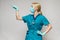 Medical doctor nurse woman wearing protective mask and latex gloves - showing at virtual list