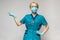 Medical doctor nurse woman wearing protective mask and latex gloves - showing at virtual list