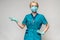 Medical doctor nurse woman wearing protective mask and latex gloves - showing at virtual list