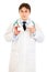 Medical doctor pointing on blank business card