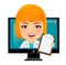 Medical doctor woman appears from monitor. Funny cartoon character with big head.