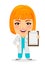 Medical doctor woman holding clipboard. Funny cartoon character with big head.