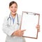 Medical doctor woman showing sign clipboard