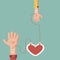 Medical donation. Hands give heart to another. Modern vector illustration