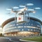 Medical drone with first-aid kit, box with the delivery of medicines on the background of clinic