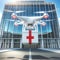 Medical drone with first-aid kit, box with the delivery of medicines on the background of clinic