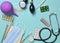Medical equipment on a blue background. Enema, blisters pills, notepad, stethoscope, syringe, thermometer, manometer. Medical conc