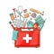 Medical first aid kit with different pills and thermometer, healthcare. Vector illustration in cartoon style