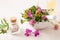 Medical flowers herbs in mortar essential oils in bottles. alternative medicine. clover milfoil tansy rosebay