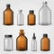 Medical glass bottles. 3d realistic brown blank packaging, pharmacy syrup bottle, aromatherapy oil cosmetic container