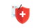 Medical healthcare insurance concept. Red shield on patient protection policy and pen. Vector medicine symbol