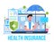 Medical, healthcare insurance vector concept, people with doctor fill health online form insurance. Help agent service for