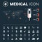 Medical icon set with big syringe and world map on dark background