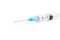 Medical icons: full syringe close up with liquid droplet in the needle isolated in white background