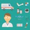 Medical icons set care ambulance hospital emergency human pharmacy vector illustration.