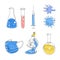 Medical illustrations set. Microscope, mask, test tubes. Continuous line.