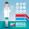 Medical infographic. Young smiling woman doctor with stethoscope