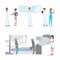 Medical innovations flat vector illustrations set. Hospital staff with modern gadgets and patient with prosthesis