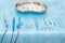 Medical instruments closeup on a sterile diaper. Surgical tools kit for cosmetic surgery. Surgical instruments and tools including