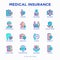 Medical insurance thin line icons set: policy, life insurance, psychological support, maternity program, 24/7 support, mobile app