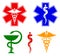 Medical international symbols set. Star of life, staff of Asclepius, caduceus, bowl with a snake. Isolated symbols on