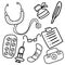 Medical kit of stethoscope, medicines, documents, mask, ambulance suitcase, coloring book